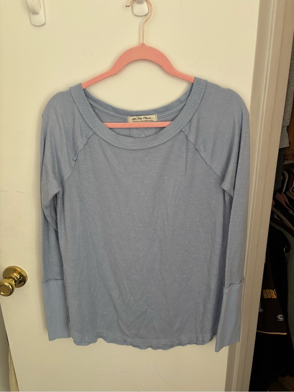 We The Free Light Blue Ribbed Scoop Neck Long Sleeve Top